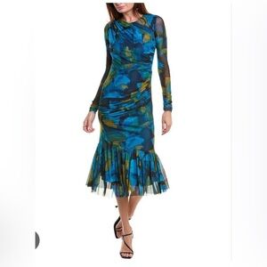 LUCKY BRAND chiffon Midi Green/ blue/ yellow Draped Mesh Dress size M NWT